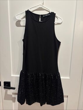 Mango Black mini Sleeveless dress with Crew Neck and sequin bottom